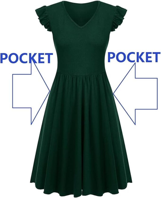 BARASA Damen Sommerkleider V-Ausschnitt Rüschen Ärmellos Sommerkleid A-Linie Knielang Kleid Cocktail Party mit Taschen D648 – Bild 5