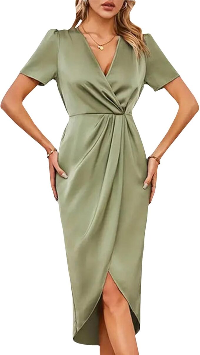 Sexyshine Women's Wrap V Neck Short Sleeve Satin Midi Dress Split Hem Ruched Pleated Formal Evening Party Dresses – Bild 3