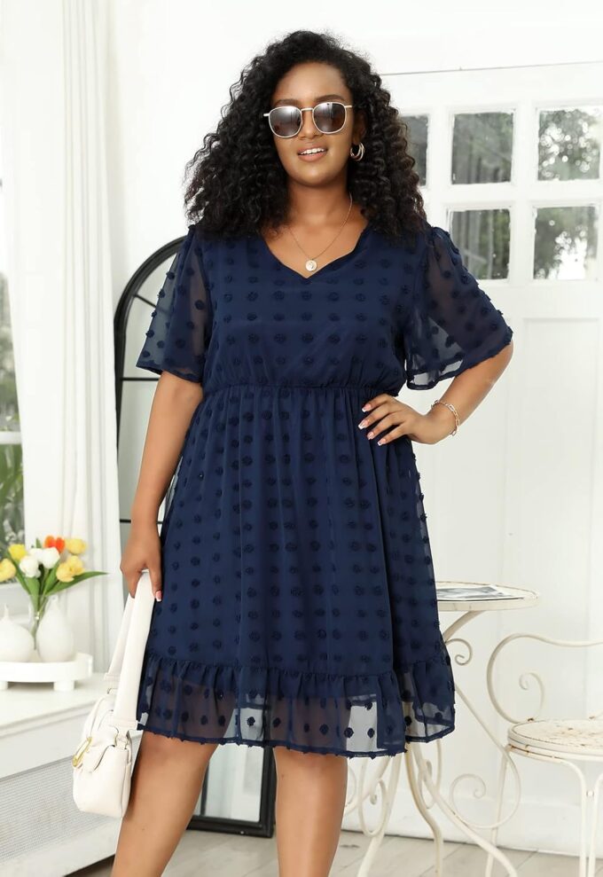 Keluummi Plus Size Wedding Guest Midi Dresses for Curvy Women, Summer Swiss Dot Dress – Bild 6