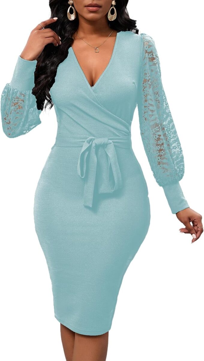 Womens Sexy Wrap V Neck Lantern Lace Long Sleeve Bodycon Midi Dress Semi Formal Cocktail Party Dresses