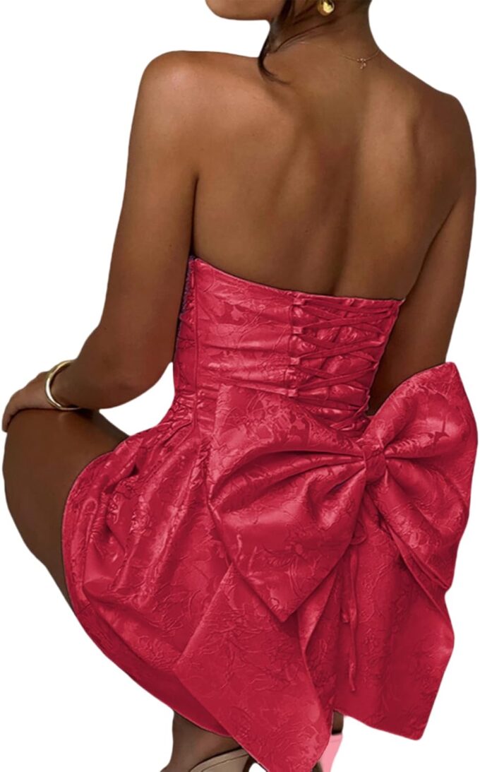 ZGMYC Jacquard Satin Homecoming Dress with Bow Elegant Strapless Mini Dress A Line Short Prom Dresses Party Gown – Bild 5