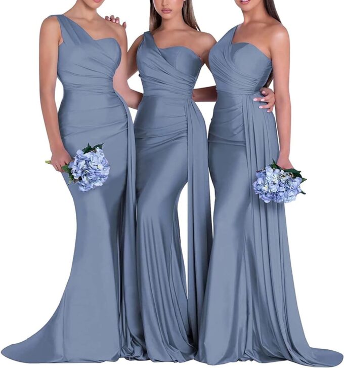 OYI Women's One Shoulder Mermaid Bridesmaid Dresses Long Ruched Bodycon Satin Formal Prom Gowns YZTS068