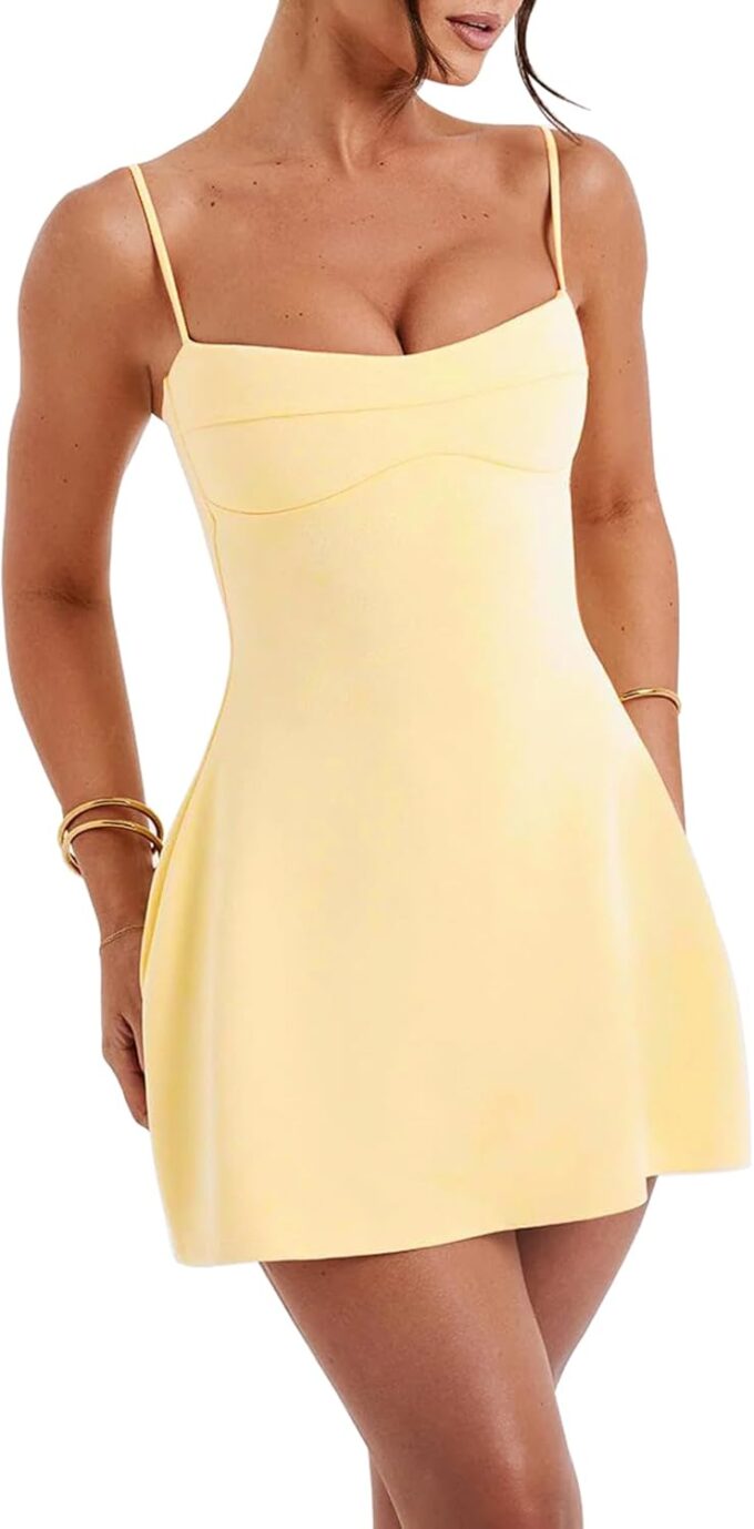 SHESEEWORLD Women's Sexy Spaghetti Strap A-Line Y2k Sleeveless Zipper Back Double-Layer Flowy Short Dress – Bild 3