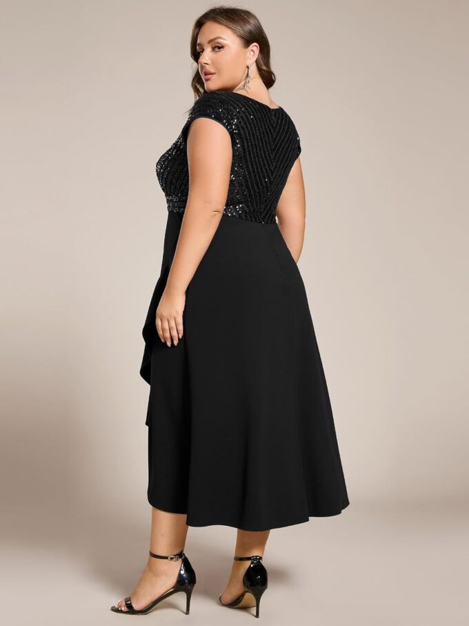 Ever-Pretty Plus Women's Summer V Neck A Line Sequin Cap Sleeves Tea Length Plus Size Formal Wedding Guest Dresses – Bild 2