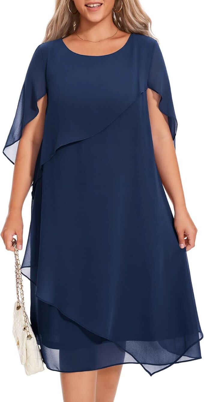 Women Plus Size Cape Dress with Chiffon Overlay Elegant Wedding Guest Cocktail Party Dress