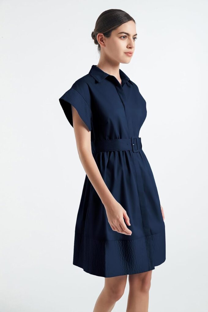 D-Sun Women Casual Button Down Shirt Dress V-Neck Short Sleeves Mini Shirt Dress Belted Short Party with Pockets – Bild 2