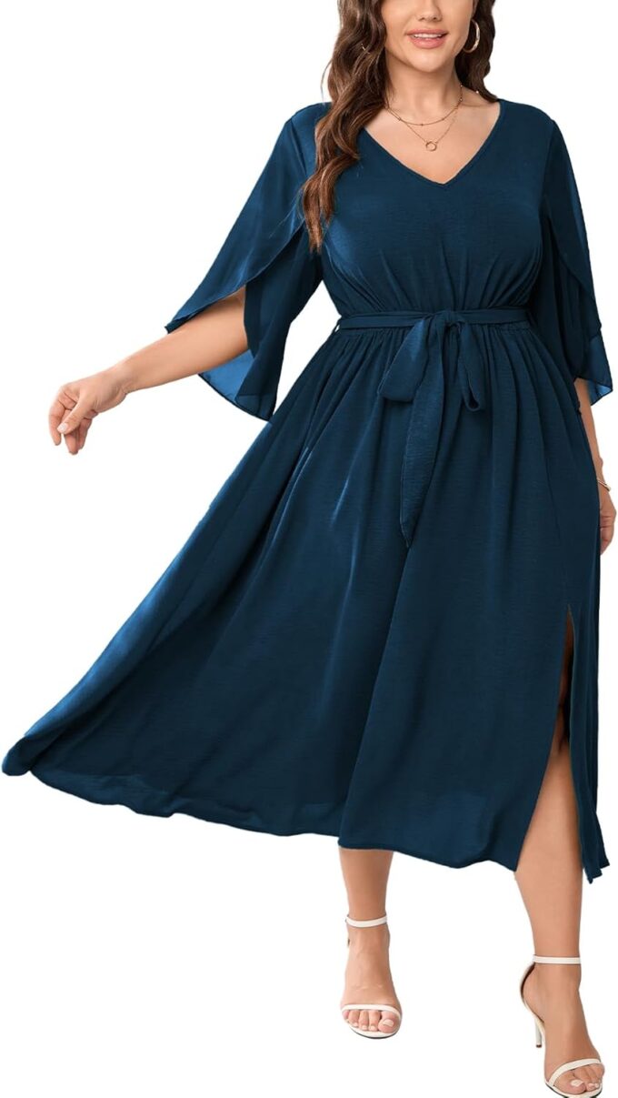 Womens Plus Size Dress Wedding Guest Cocktail Chiffon 3/4 Sleeve V Neck Slit A Line Maxi Dress Formal with Belt