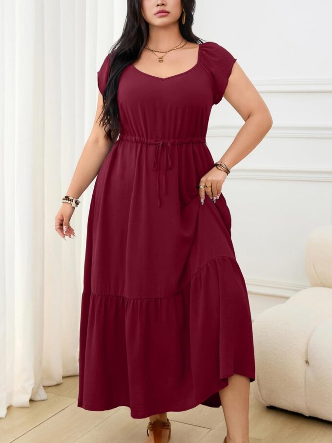 RWJ Women's Plus Size Dress Summer Short Sleeve Empire Waist Drawstring Tiered Flowy Maxi Dress – Bild 3