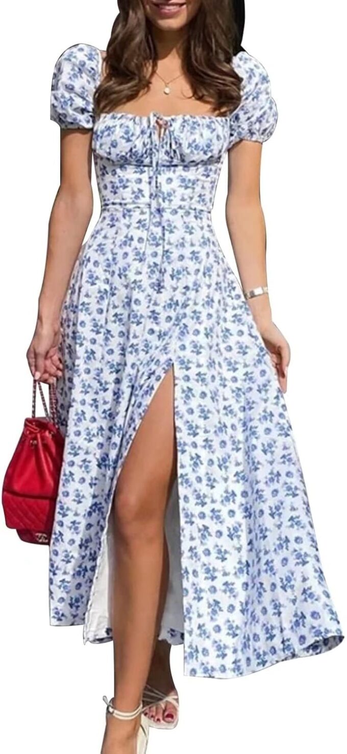 Linsery Women's Puff Sleeve Floral Maxi Dress Elegant Square Neck Cottagecore Boho Split Long Dresses