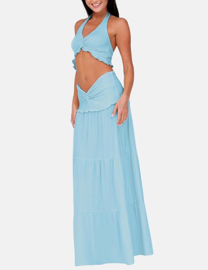 Women's 2 Piece Outfit Sexy Twist Crop Top and Bodycon Skirt Set Sleeveless Summer Y2K Pure Style Long Dress Going Out Set – Bild 2