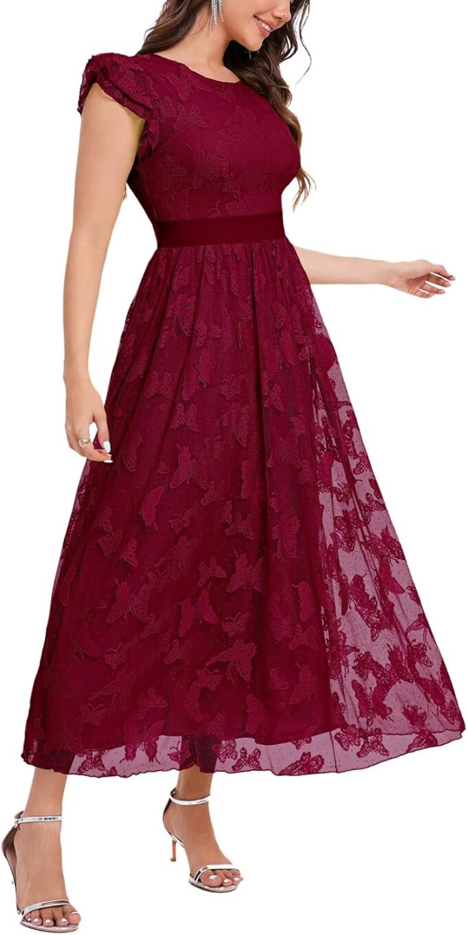 Women's Midi Formal Dress 2025 Flutter Short Sleeve Crewneck Lace Wedding Guest Party Dresses – Bild 3