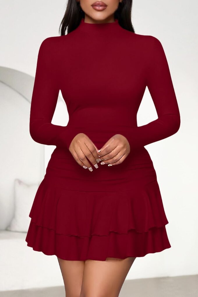 PRETTYGARDEN Women's Fall Long Sleeve Dresses 2025 Mock Neck Ruched Y2K Clothes Ruffle Layered Bodycon Mini Party Dress – Bild 3