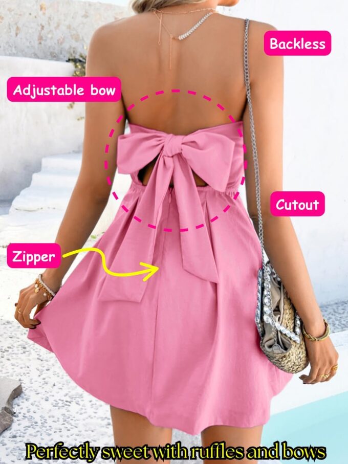 Strapless Bow Tie Mini Dress, A-Line Backless Cut-Out Sleeveless, Grad Formal Cocktail, for Women HOCO Vacation – Bild 3