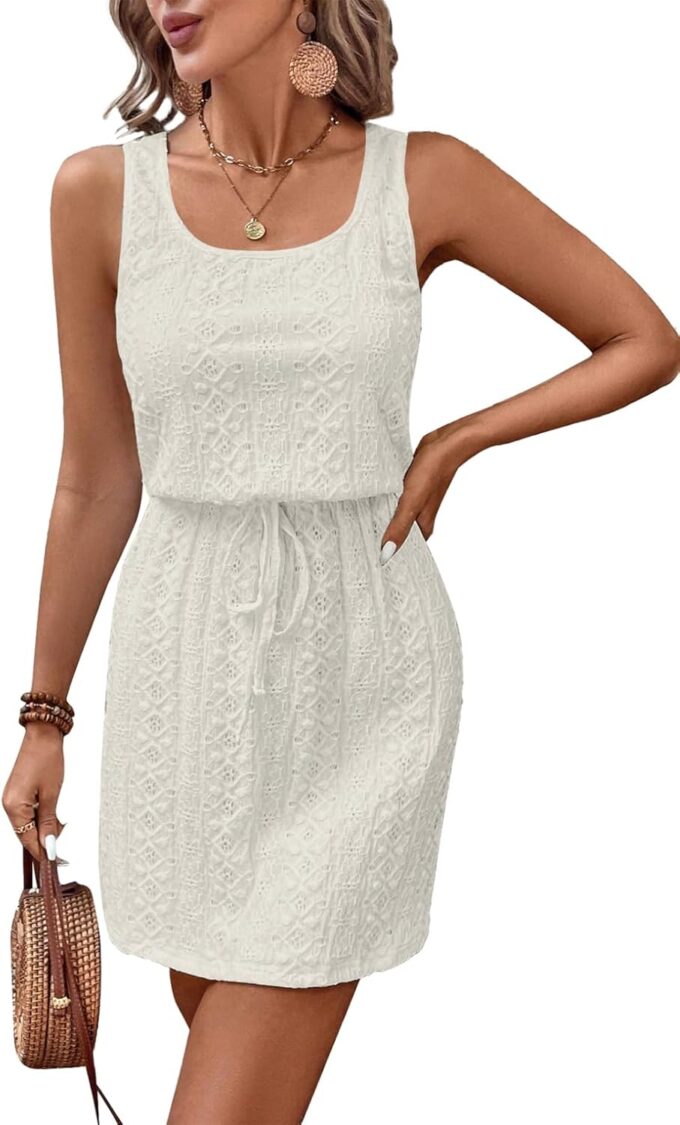 Acelitt Spring Summer Tank Dresses for Women 2025 Hollow Out Textured Drawstring Mini Dress