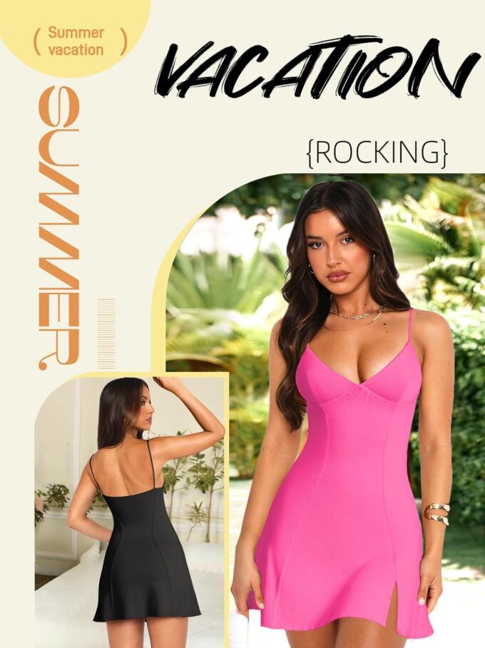 Lancifolium Trendy Y2k Spaghetti Strap Deep V Neck Night Out Elegant Cocktail Mini Dress with Split – Bild 5
