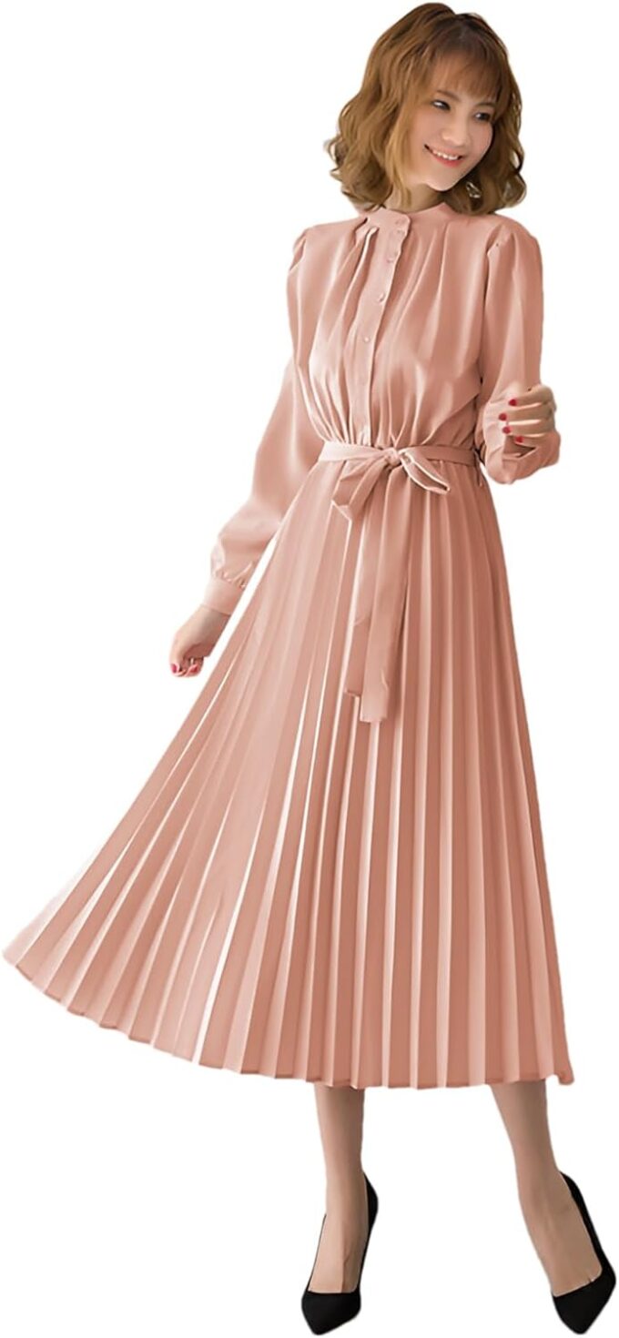 Womens Pleated Long Sleeve Loose Dress Casual Maxi Dresses with Tie Waist – Bild 2
