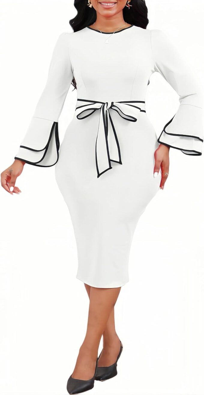 Women's Business Pencil Dresses Elegant Fitted Ruffle Sleeves Knee Length Dress Sexy Bodycon Suit. – Bild 3