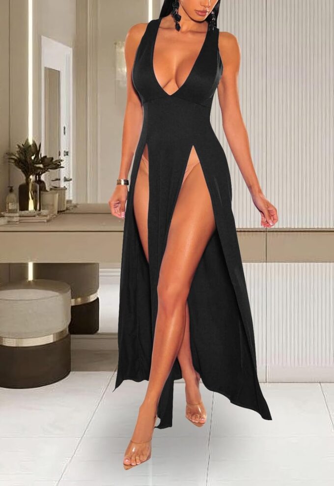 Women's Sexy V Neck Sleeveless High Split Club Party Maxi Dresses – Bild 2