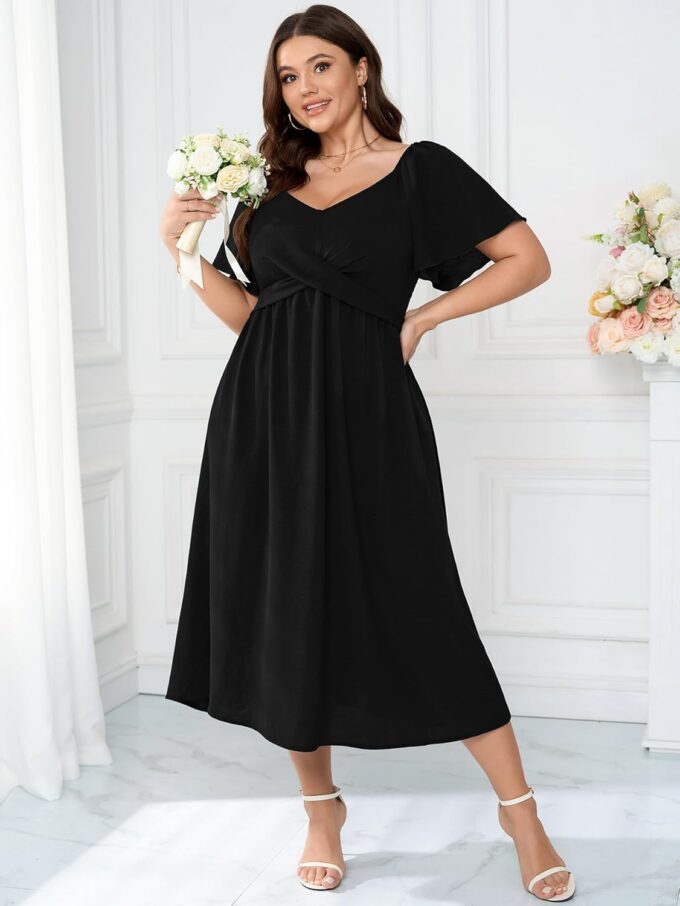 SCOMCHIC Women Plus Size Midi Dresses Short Sleeve V Neck Twist Front Summer Wedding Guest Smocked Flowy A Line Dress – Bild 2
