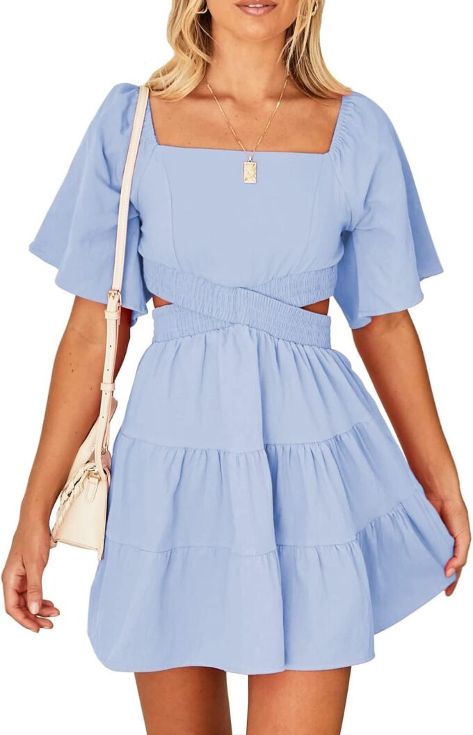 OWNGIGI Women's Summer Dresses Square Neck Short Sleeve Cutout Crossover Elastic Waist Casual Party A-Line Mini Dress – Bild 2