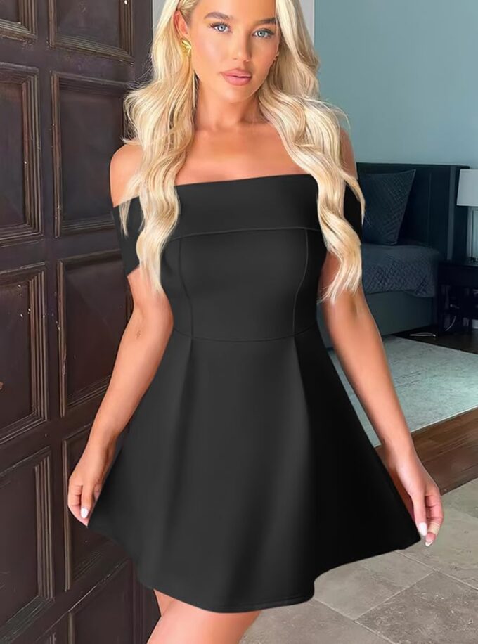 XXTAXN Women's Sexy Off Shoulder Sleeveless Wedding Guest Party Club A Line Mini Dress – Bild 7