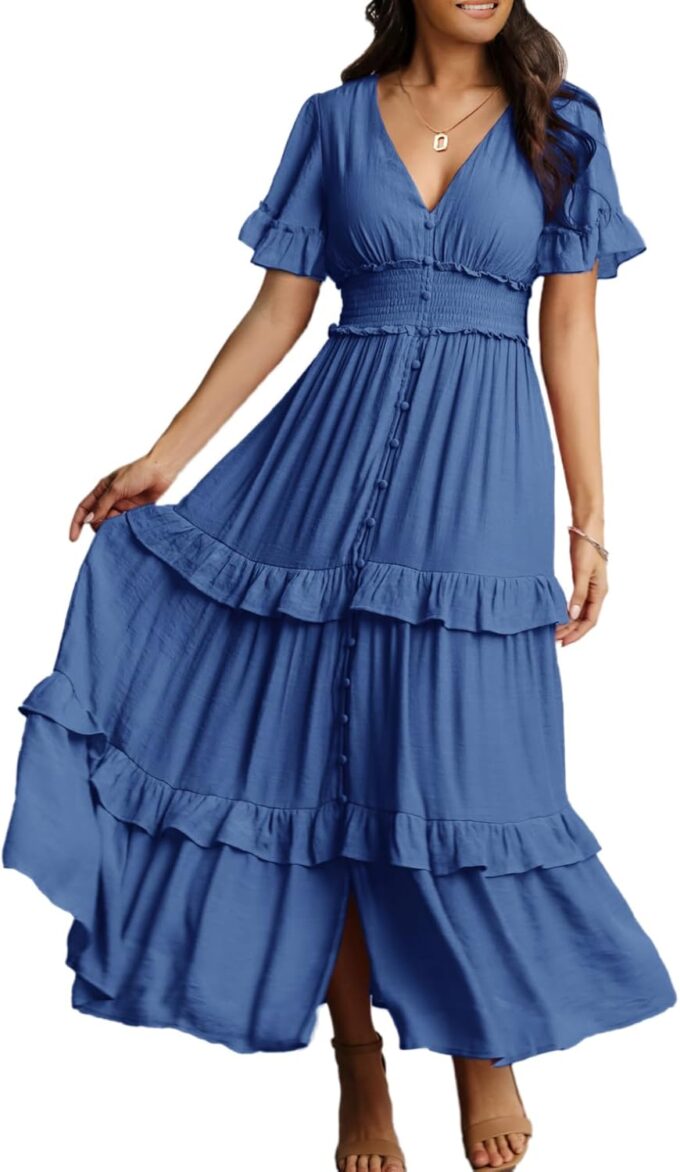Amegoya Women's V Neck Long Sleeve Boho Maxi Dress Summer Wedding Guest Long Flowy Engagement Dresses