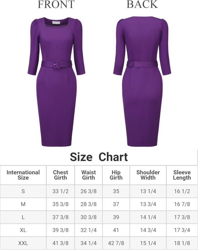 Hobemty Damen Vintage Bleistiftkleid Quadratischer Ausschnitt Puffärmel Gürtel Kleider – Bild 5