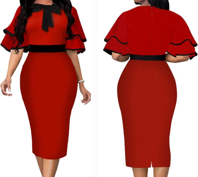 IbuduSexy Church Dresses for Women 2025 Elegant Ruffled Midi Work Dress Bow Tie – Bild 3