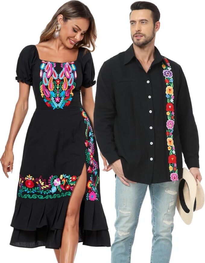 YZXDORWJ Women's Mexican Dress Boho Embroidered Sexy Ruffle Maxi Dress Short Sleeve Summer Beach Swing Wedding Party Dresses – Bild 5