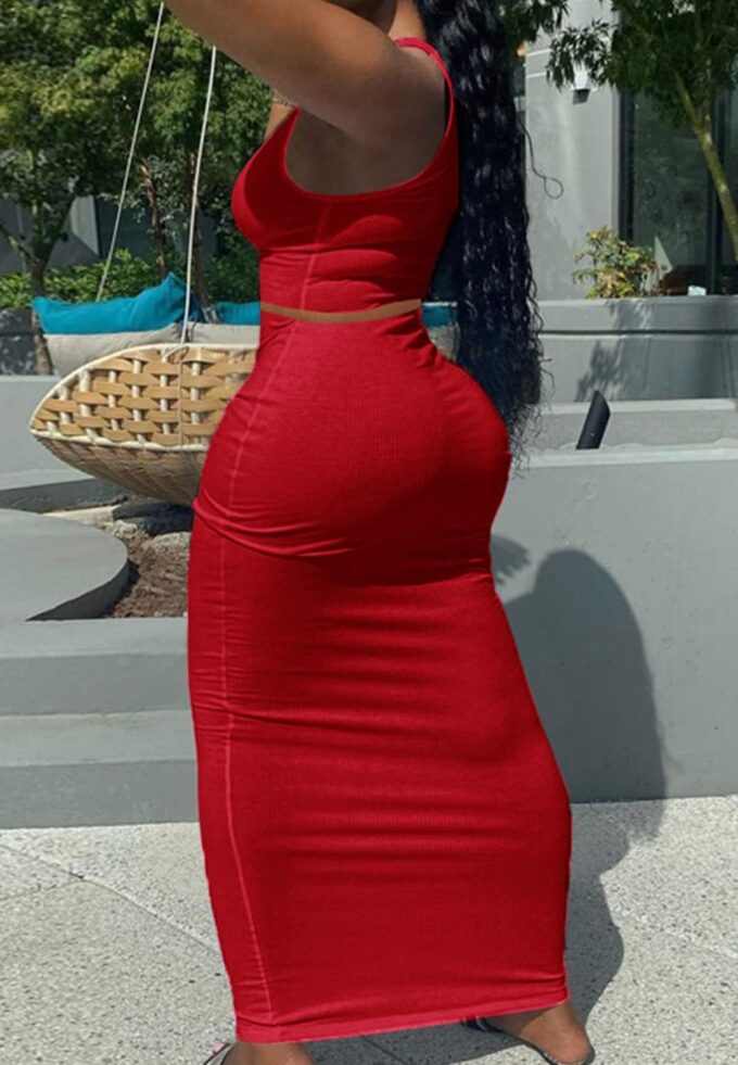 2 Piece Outfit Maxi Dress for Women, Summer Deep U Neck Sleeveless Tank Crop Tops Long Skirt Set Party Bodycon Dresses – Bild 5