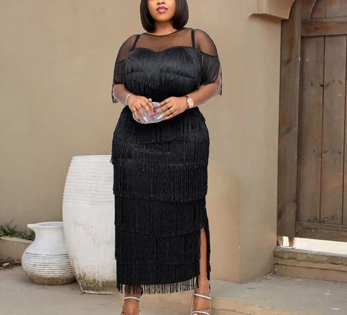AOMEI Women's Mesh See Through Crewneck Patchwork Tassel Tiered Fringe Long Dress – Bild 2