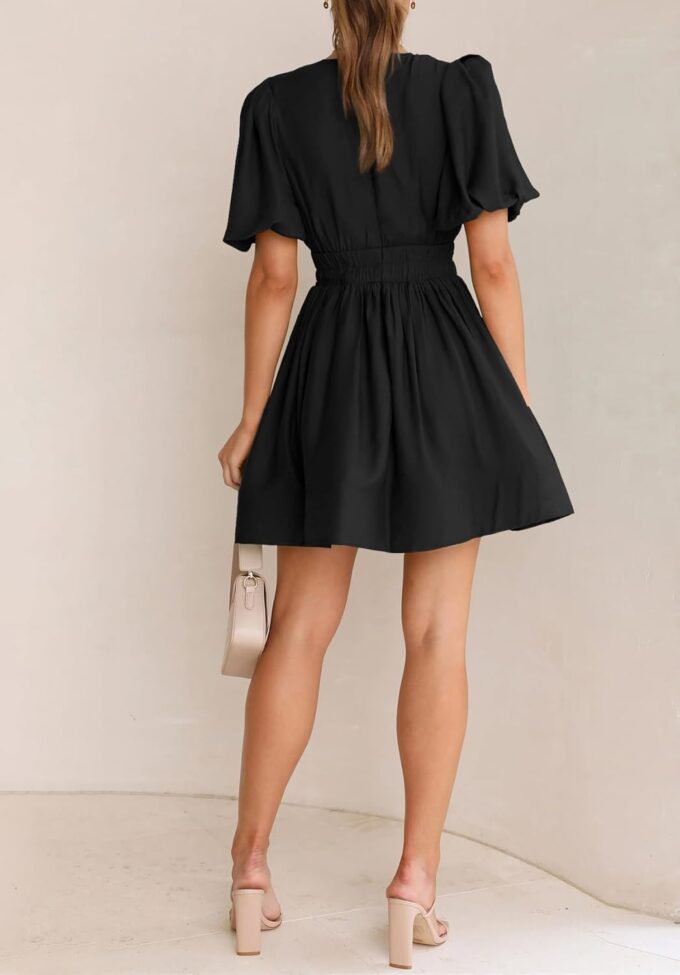BWQ Women Mini Dress Short Puff Sleeve Sexy V Neck Dress A-line Elastic High Waisted Casual Flowy Summer Dresses – Bild 5