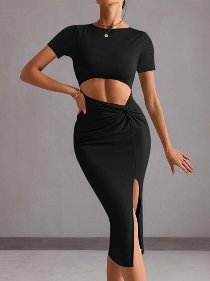 Rooscier Women's Twist Cutout Waist Split Crewneck Short Sleeve Bodycon Midi Dress – Bild 7