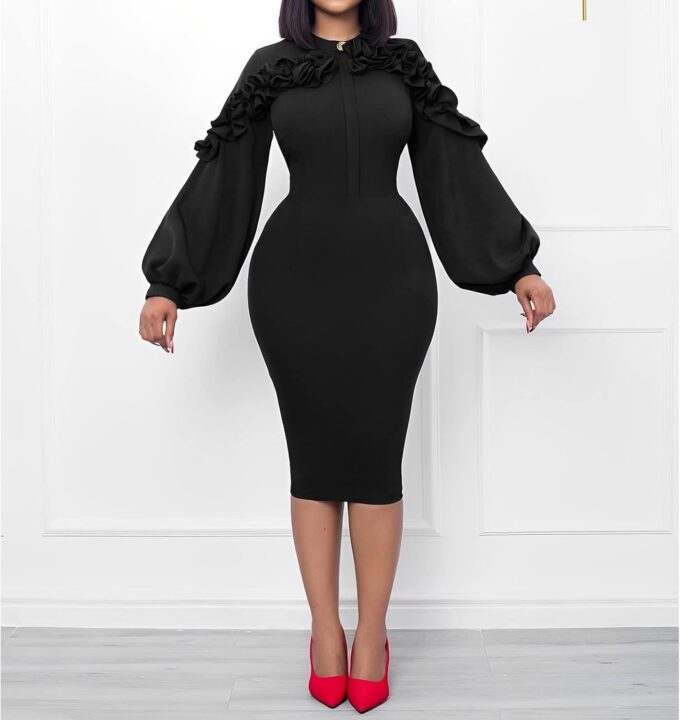 Damen Laternenärmel Vintage Rüschen Bodycon Business Formal Arbeit Bleistiftkleid – Bild 3