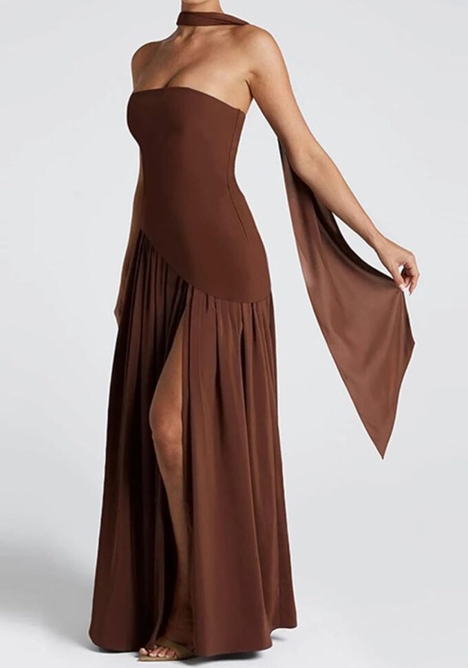 Women's Elegant Strapless Long Dress with Scarf Cocktail Wedding Guest Prom Maxi Dresses with Slit – Bild 4