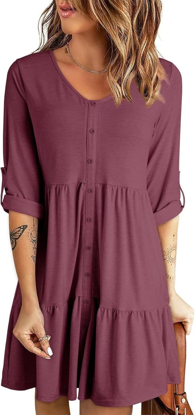 Dokotoo Dresses for Women 2025 Long Sleeve V Neck Knitted Button Down Elastic Waist Ruffle Tiered Mini Dress with Pockets