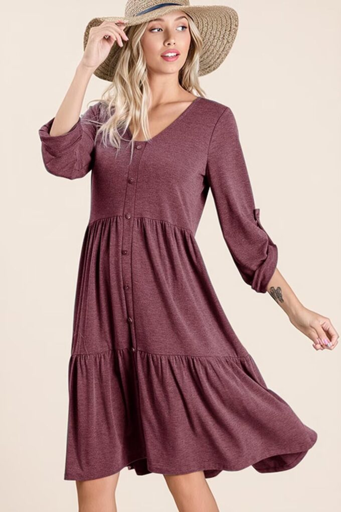 Dokotoo Dresses for Women 2025 Long Sleeve V Neck Knitted Button Down Elastic Waist Ruffle Tiered Mini Dress with Pockets – Bild 2