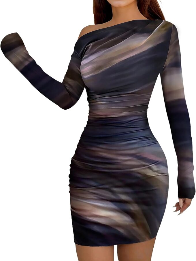 Women's Long Sleeve Bodycon Mini Dress Tie Dye Print Slim Fit Asymmetrical Neck Elegant Formal Ruched Short Dresses – Bild 3