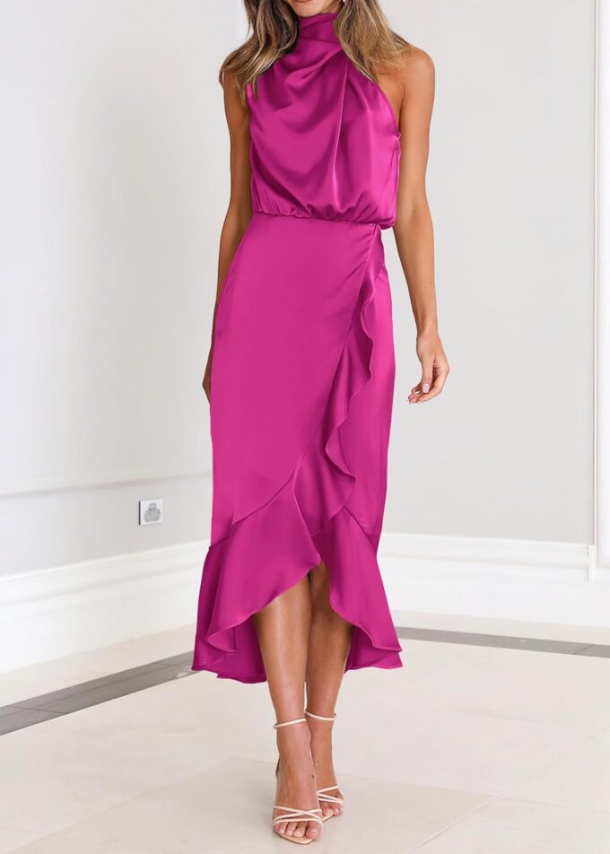 KIRUNDO Womens 2025 Summer Satin Mock Neck Wedding Guest Party Cocktail Midi Dress Sleeveless Wrap Ruffle Formal Dresses – Bild 3