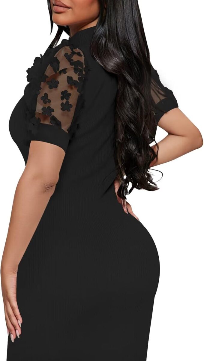 Annystore Women's Mesh See Through Sheer Dress Short Puff Sleeve Bodycon Dress Mock Neck Sexy Club Party Midi Dress Clubwear – Bild 3