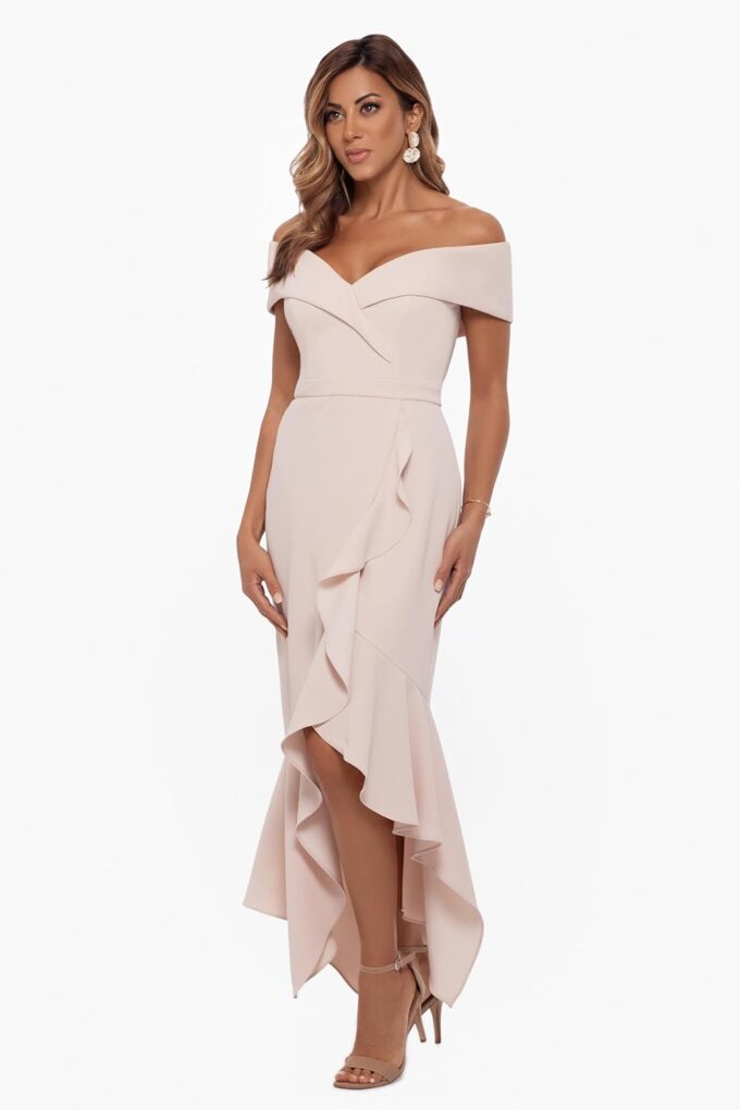 Xscape Women's Sweetheart Neckline Off-Shoulder Crepe Midi Dress with Hanky Hem – Bild 2