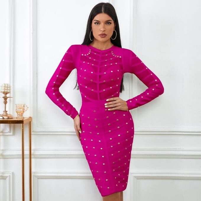 Mesh Beaded Long Sleeve Bandage Dress Knee Length Bandage Dress Cocktail Party Dress – Bild 2