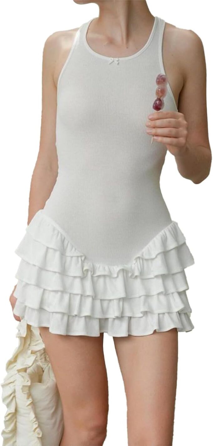 Women's Summer Frill Rank Dress Sleeveless Bodycon Tiered Ruched Dress Skim Hem Dress – Bild 4