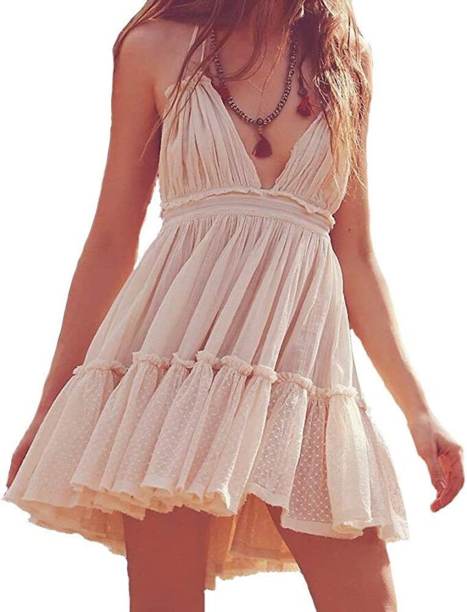 ForeMode Summer Deep V Neck Bohemian Women Mini Short Dress Backless Beach Boho Dress – Bild 4