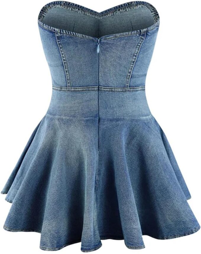 Molisry Women's Summer Tube Top Denim Dress Off Shoulder Sleeveless Sexy Cute Ruffle Pleated Jean Mini Dress Clubwear – Bild 5