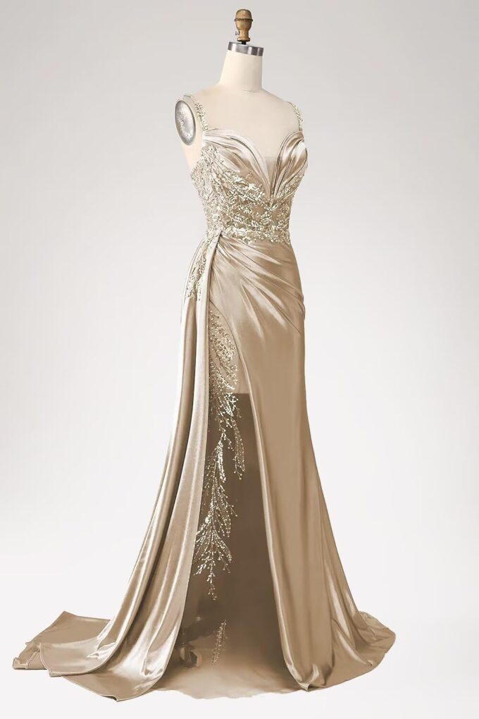 V Neck Satin Prom Dresses Long Mermaid Lace Evening Gown with Slit Pleated Bodycon Formal Dress with Tail – Bild 2