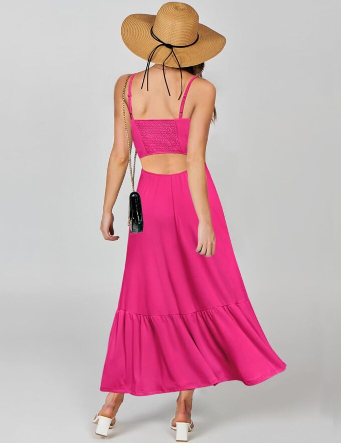 Kranda Women Summer Sleeveless Casual Long Maxi Vacation Beach Dresses V Neck Smocked Flowy Tiered Sundress with Pockets – Bild 2