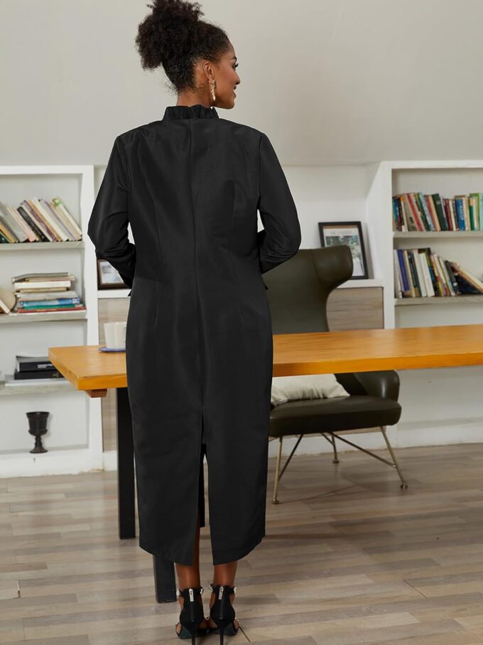 Molisry Damen 2-teiliges Blazerkleid-Set, formeller Stehkragen, Midi-Kleid, Rückenschlitz, langärmelig, Maxi-Overcoat, Business-Anzug-Set – Bild 5