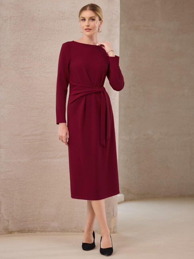 Hobemty Knielanges Bleistiftkleid für Damen, lange Ärmel, zum Binden an der Taille, Kirche, Arbeit, Etuikleider – Bild 2