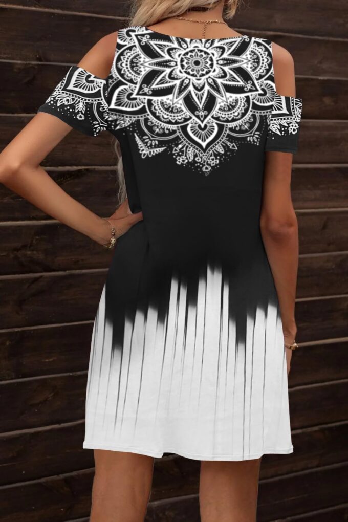 SAUKOLE Women’s Summer Dresses Casual Cold Shoulder Sleeve Dress V Neck Pleated Front Sundress with Button – Bild 4